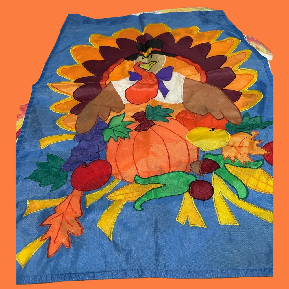Happy turkey with fruits/veggies large flag to celebrate Thanksgiving!
